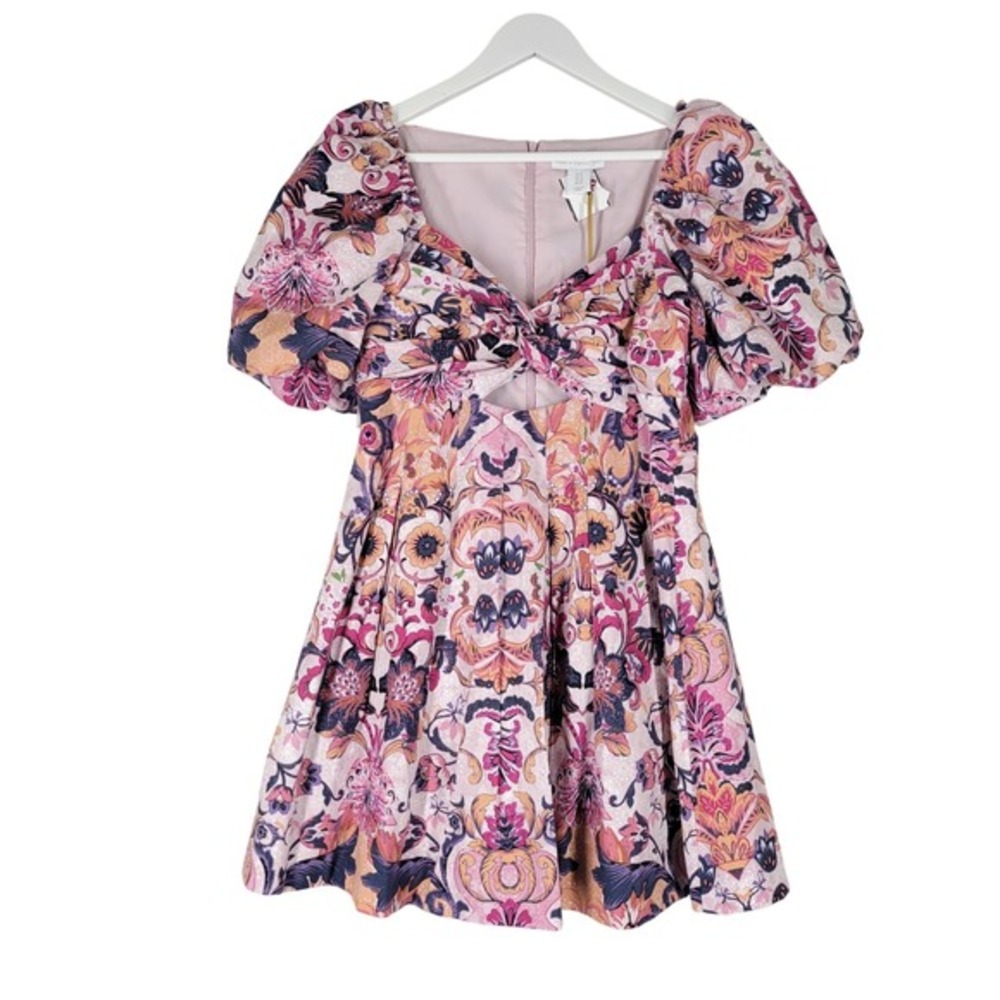 House of Harlow 1960 Puff Sleeve Cut out Dress Women 10 Pink Floral Linen Blend